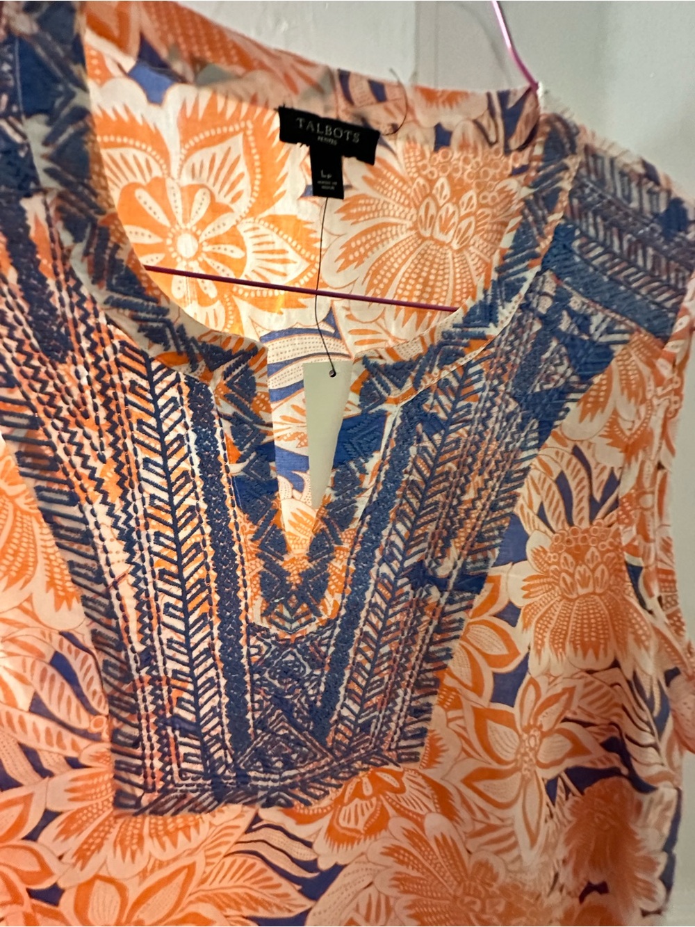 Talbots Orange Floral Sleeveless Top with Navy Embroidered Yoke - Picture 2 of 6